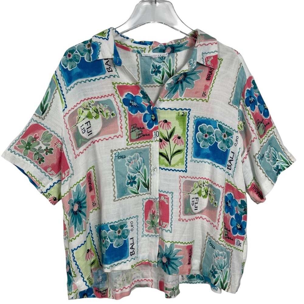 Jane and Delancey Blouse Button Up Floral Tropical Linen Blend Size XL